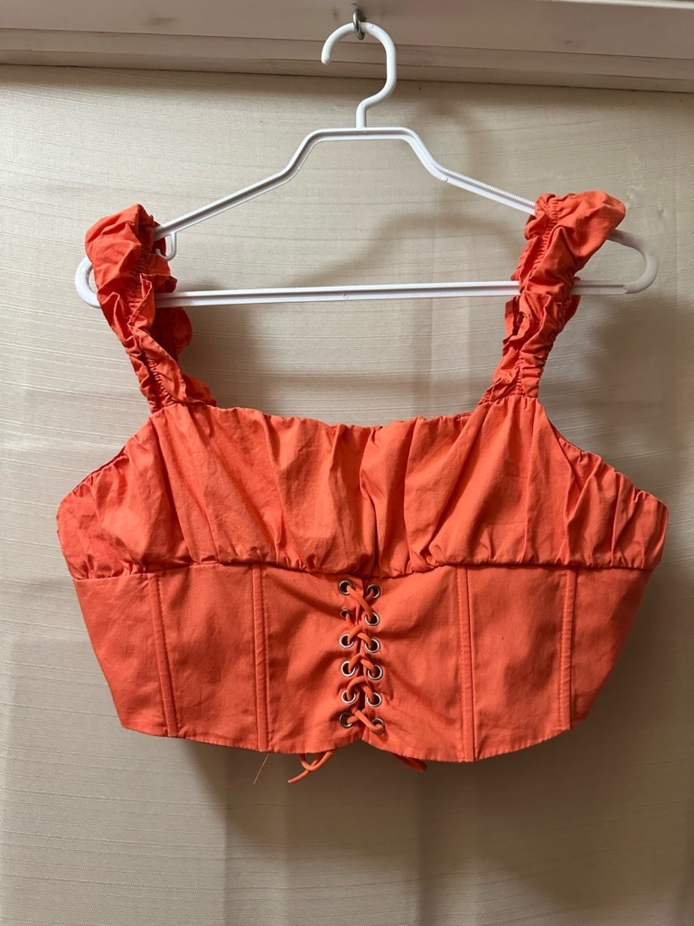 Forever 21 Coral Corset Crop Top Lace Up Bustier Ruched Strap Size L
